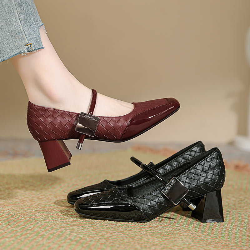 Women's Middle Heel Square Headed Single Shoes Spliced With Retro Magic Buckle One Line Strap Thick Heels High Heels