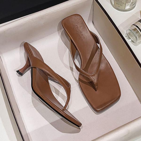 Square toe high heels, slim heels, 2024 new summer fashion clip toe herringbone flip flops